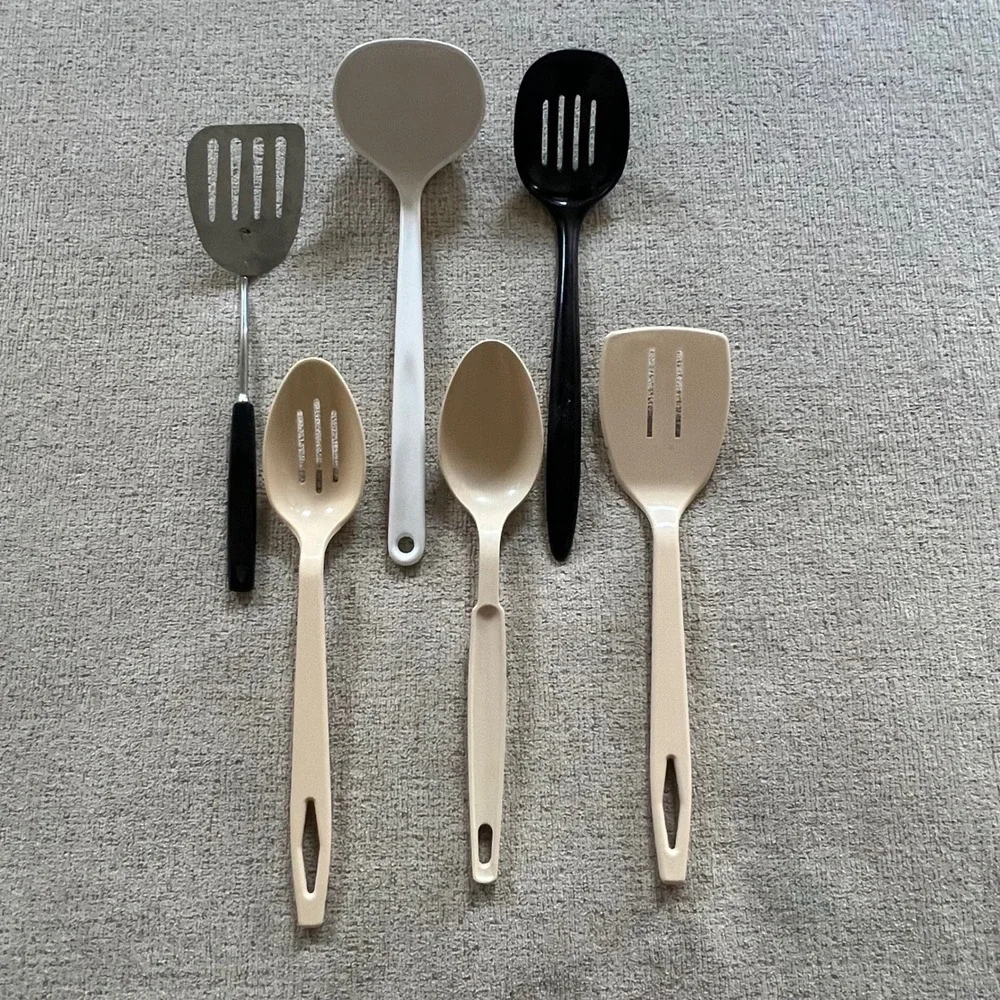Vtg Kitchen Utensil Set 6pc Tailor Made Trudeau Ekco Spatulas Spoons Tan Black